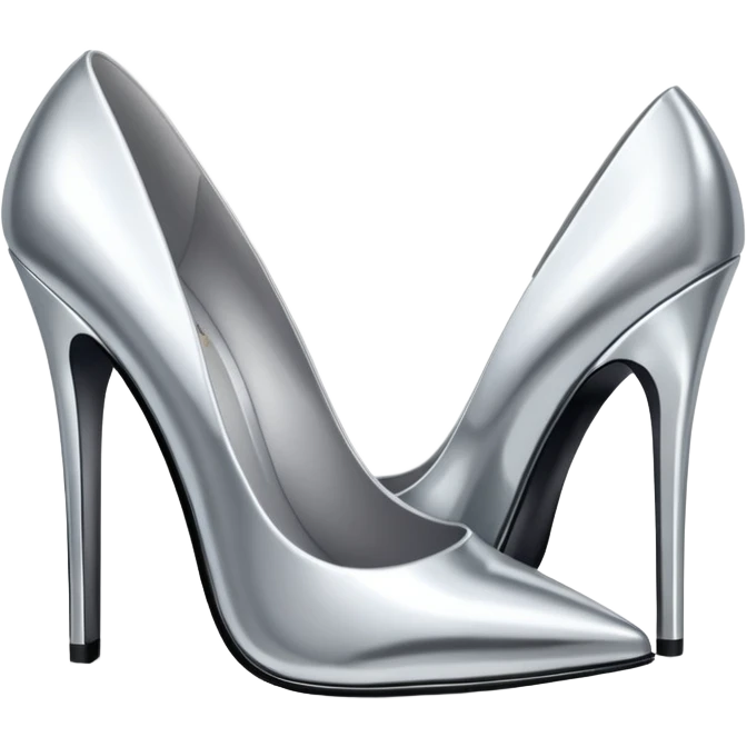 A pair of high heel shoes emoji made of polished silver chrome, elegant sharp silhouette, smooth metallic surface, glossy reflections, luxury sexy vibe, minimalistic iOS emoji style, centered, clean white background emoji