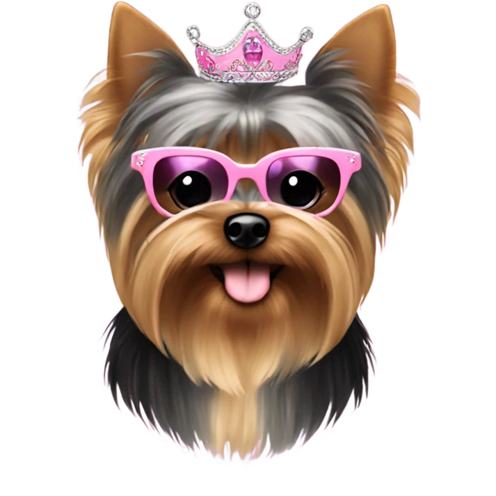 Yorkie with tiara and fluffy pink and black jacket and sunglasses  emoji