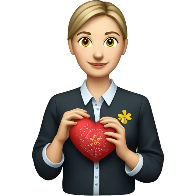 A Ukrainian teacher in an embroidered shirt holds a heart in her hands emoji