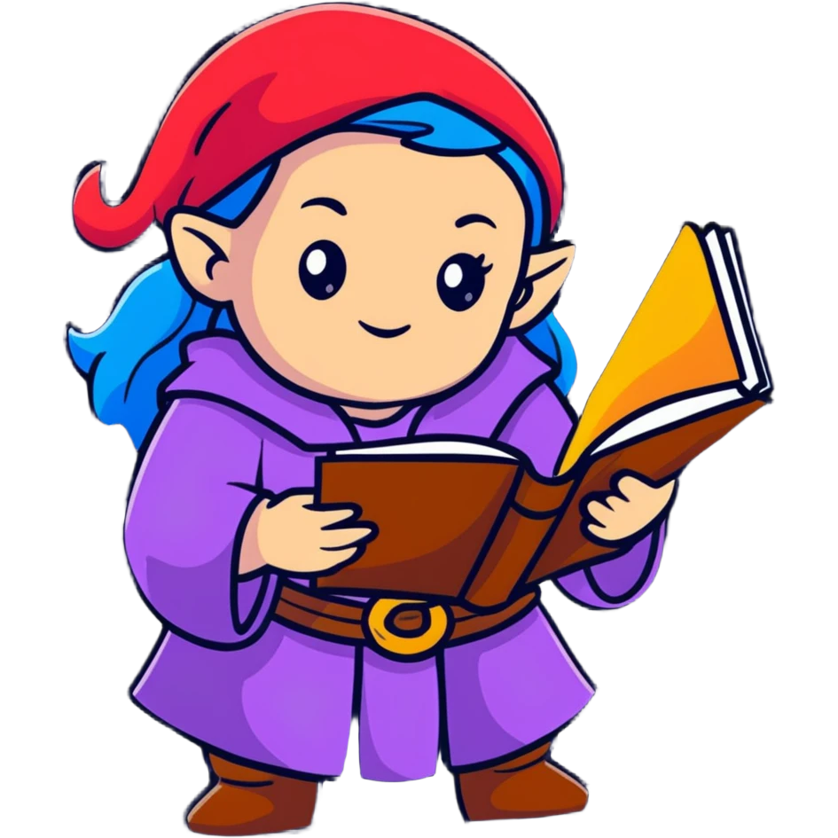 female dwarf sorcerer from DnD, cartoon sticker style, holding a spellbook emoji