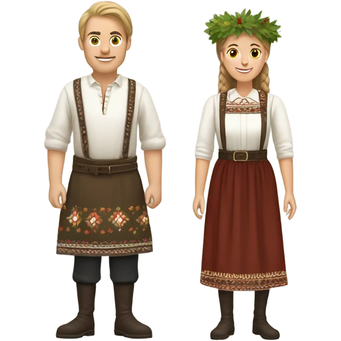Make a festive tradition latvian man and woman with a oak and birch leaf crown  emoji