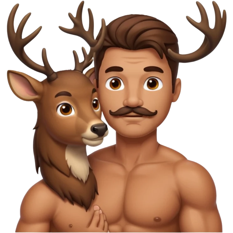 ripped guy with a mustache and long hair being nuzzled by a deer emoji