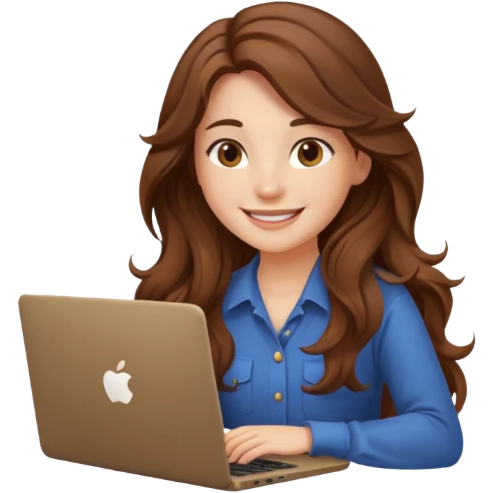 Sitting in front of a laptop in the style of a cute female developer. Not wearing glasses, smiling with long hair waves. Early 20s
 emoji