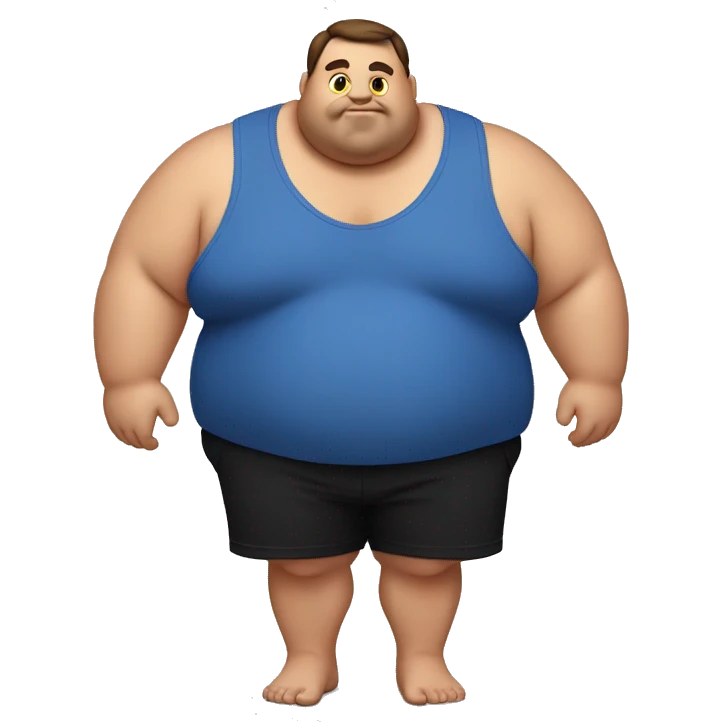 fat man showing his belly, blue pulled up shirt and black shorts emoji