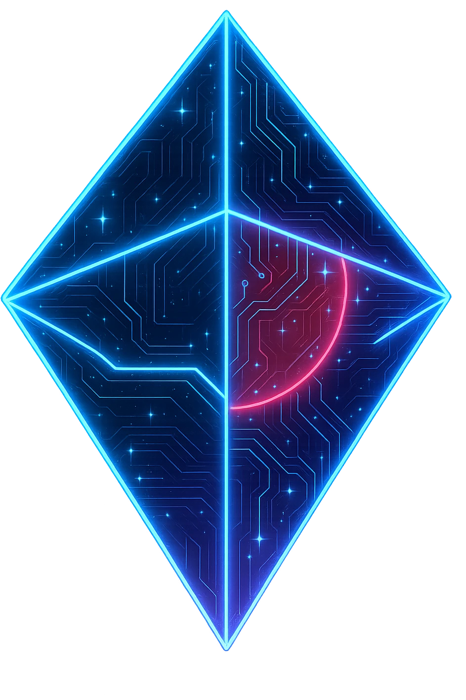 Transform the No Man's Sky logo into a cyberpunk, holographic style with glowing neon blue and pink edges, circuit patterns throughout the entire icon, and a transparent background. Maintain the recognizable geometric shape and keep the red section prominent, overlaying neon and circuit effects in the same futuristic, clean style as previous cyberpunk icons. The whole icon should have a consistent cyberpunk glow and intricate circuit details in a futuristic, clean style. emoji