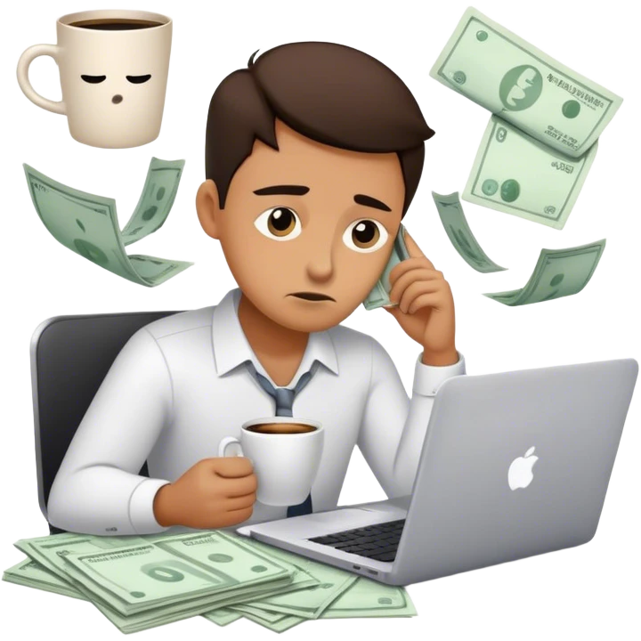 Create an emoji of a tired entrepreneur sitting at a laptop, surrounded by floating invoices and bills. The character looks exhausted, with dark circles under their eyes and a coffee cup in hand, symbolizing constant financial stress." emoji