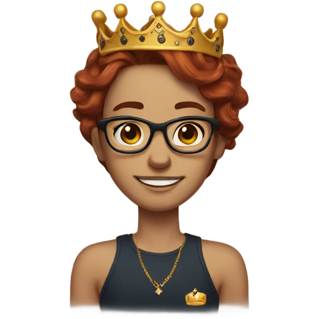  long auburn hair, wearing glasses and a crown, and tattoos emoji