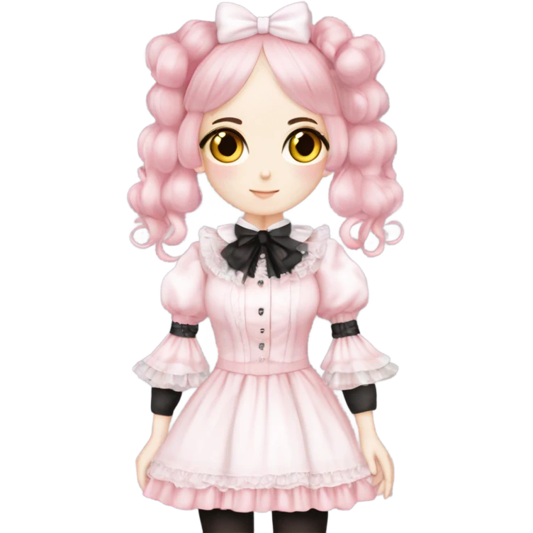 Vestido rosa pastel y white gothic lolita, cuerpo completo, color de piel morena, pelo largo, pelo de color rojo y negro emoji