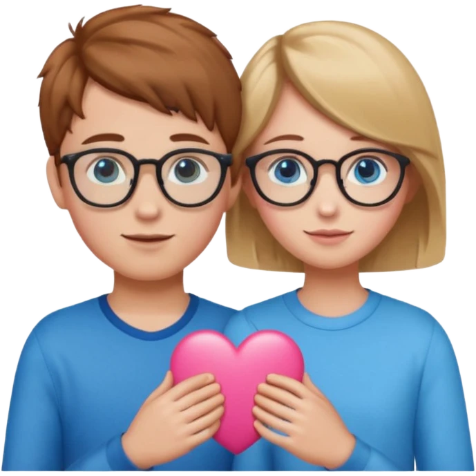 two young lovers, a pink heart in the middle, boy with chestnut hair and glasses, girl blonde with blue eyes, emoji style emoji