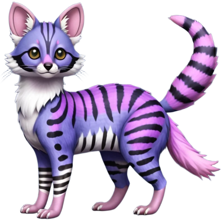 Beautiful fluffy vibrant soft exotic elegant spotted dotted thick puffy hyper-realistic lifelike furry Indigo, purple, violet, pink, Civet-Genet-Possum-Serval-Caracal-Sergal-Trico-Numbat-Furret-fusion-Fakemon-hybrid-creature (full body) with long tufted ears and a striped tufted tail  emoji