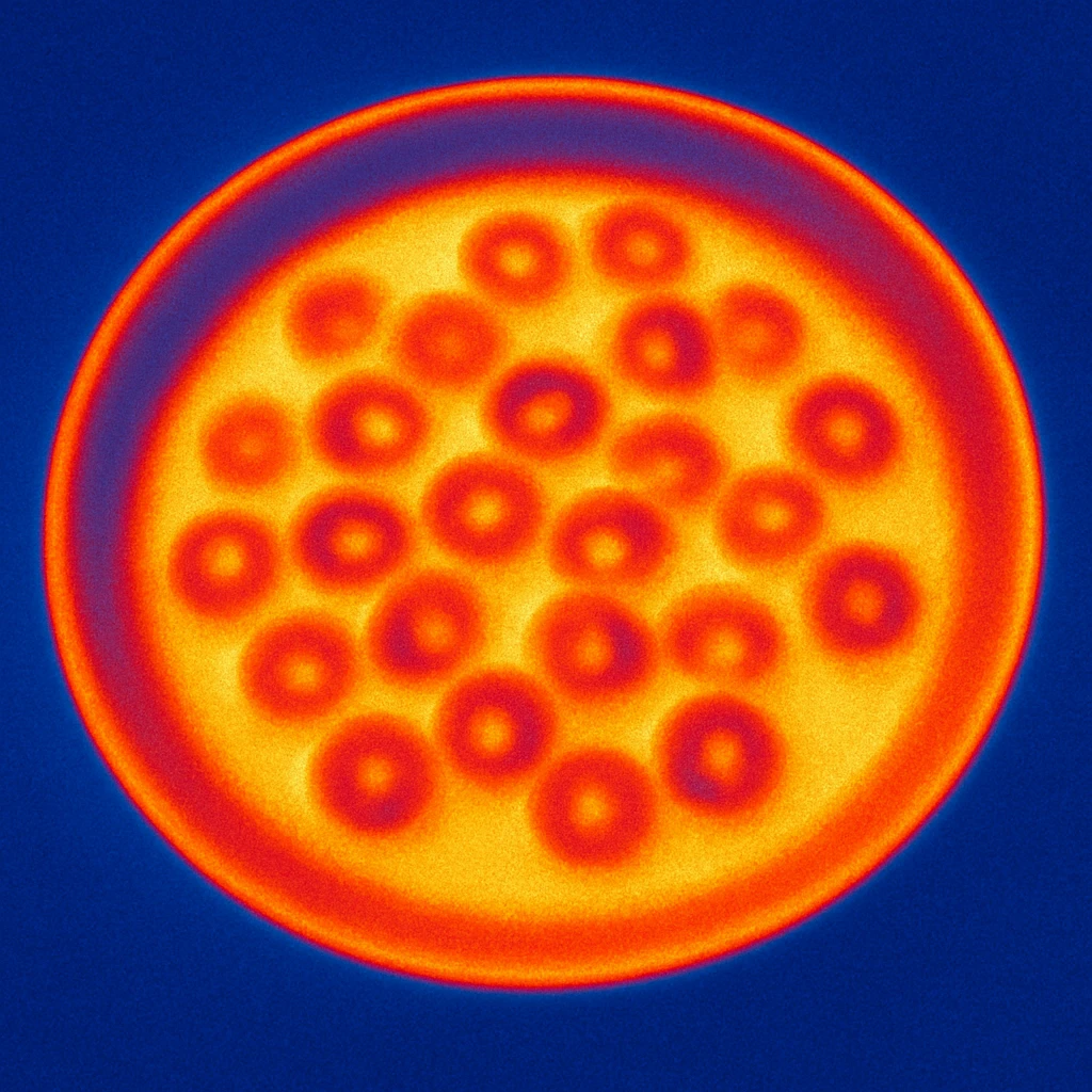 A plate with milk and cereal rings, with background, thermal camera style emoji