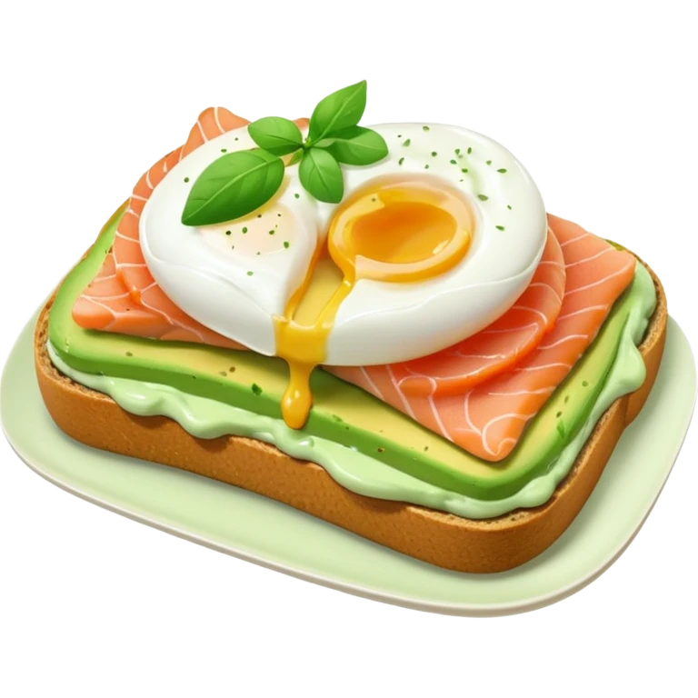 avocado toast with salmon and pachot eggs, green cream emoji