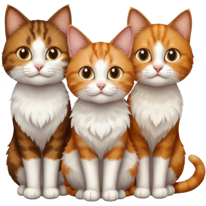 3 cats different colours including brown tabby and white, light patchy calico, and ginger and white emoji
