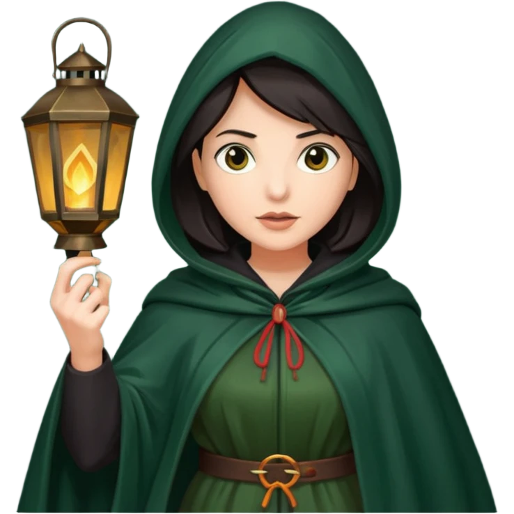 traitor tv show, dark haired woman wearing dark green cloak with hood up who looks evil and is holding up a lantern emoji