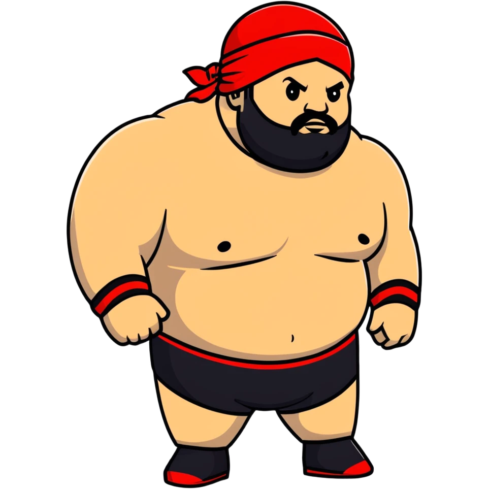 White skin fat guy with black durag, black beard, and black eyes in a red and black wrestling singlet emoji