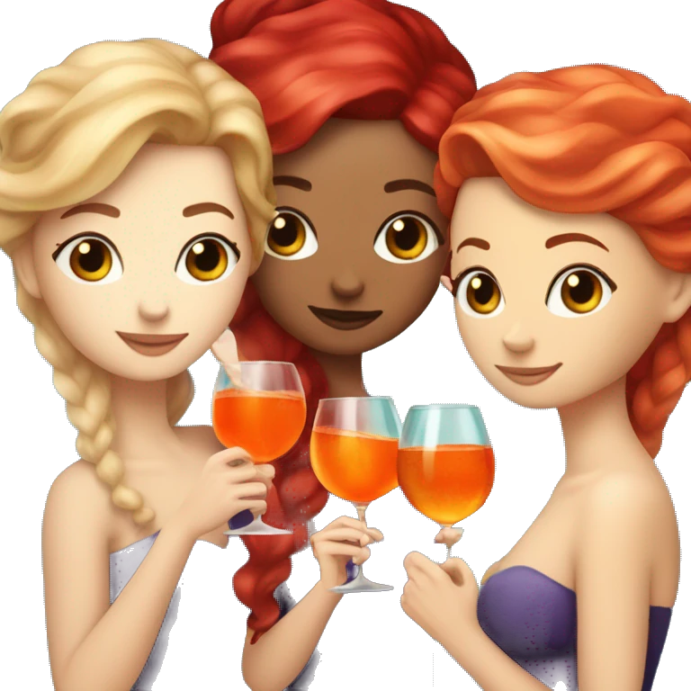 Three beautiful mermaids (one blond, one brown and one red hair) drinking aperol emoji