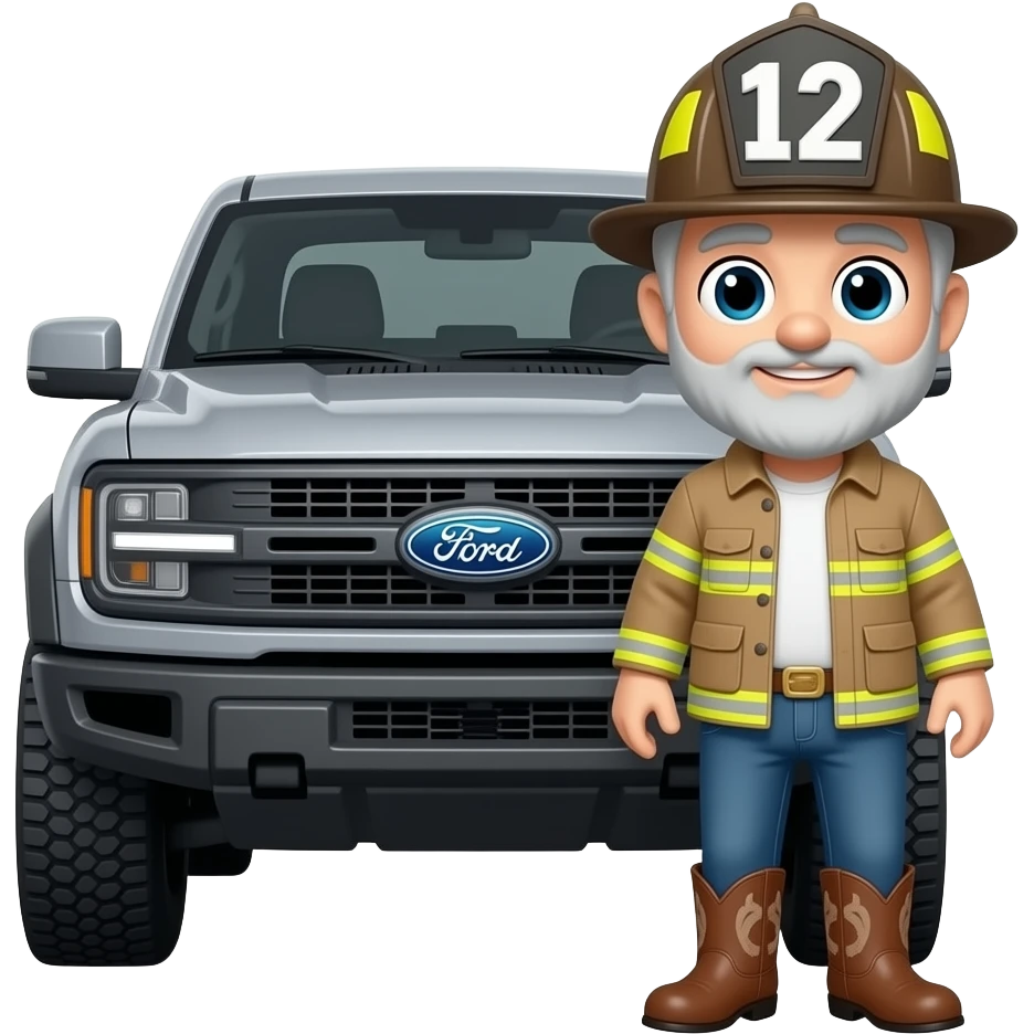 Ford bronco Cartoon emoji-style grey haired man in jeans, cowboy boots, and a firefighter helmet with 12 on the front standing next to marsh gray colored 2025 ford emoji