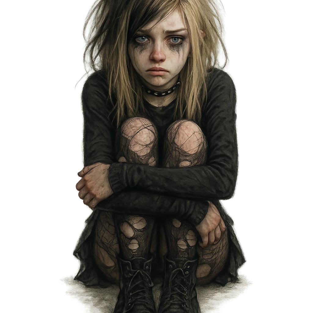 depressives Emo Mädchen, blond, blaue Augen, mit zerrissener Strumpfhose, Emo-Stil, detailed, expressive, digital art emoji