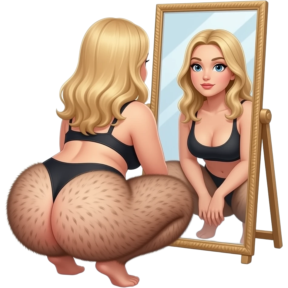 Thick voluptuous  extremely hairy buttocks cheeks blonde female spreading open  butt cheeks and observing looking back  hairy butthole wide open looking at it in mirror squatting with her big fuzzy buttocks emoji