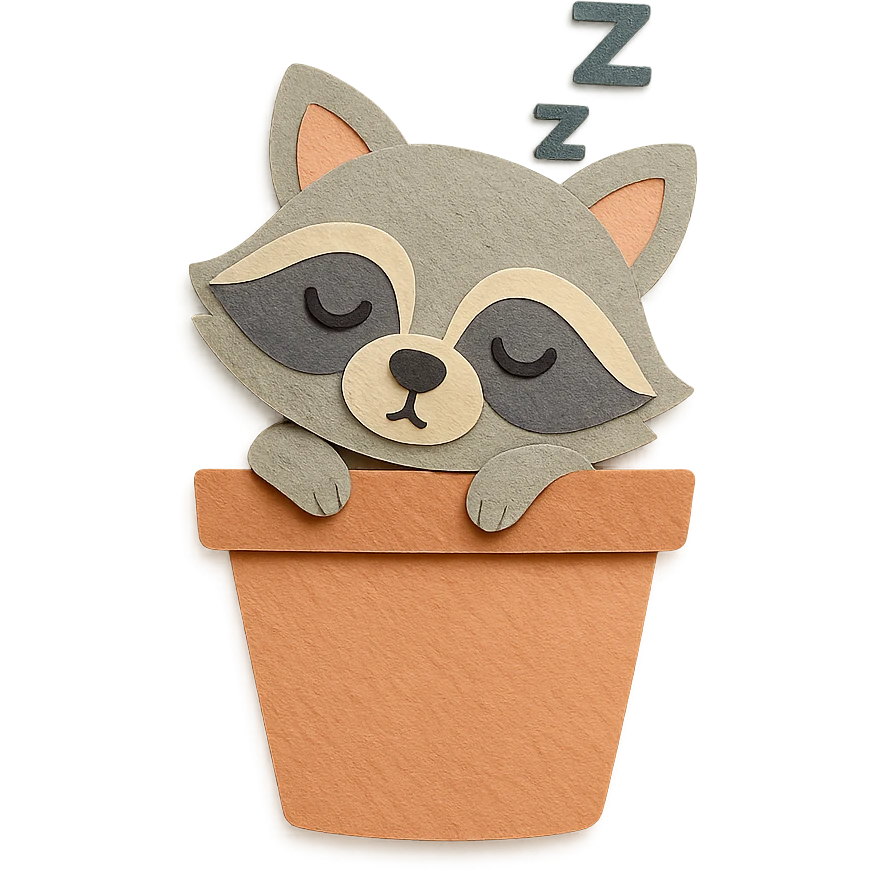 a sleepy raccoon inside a flower pot, pastel earthy colors, paper craft style emoji