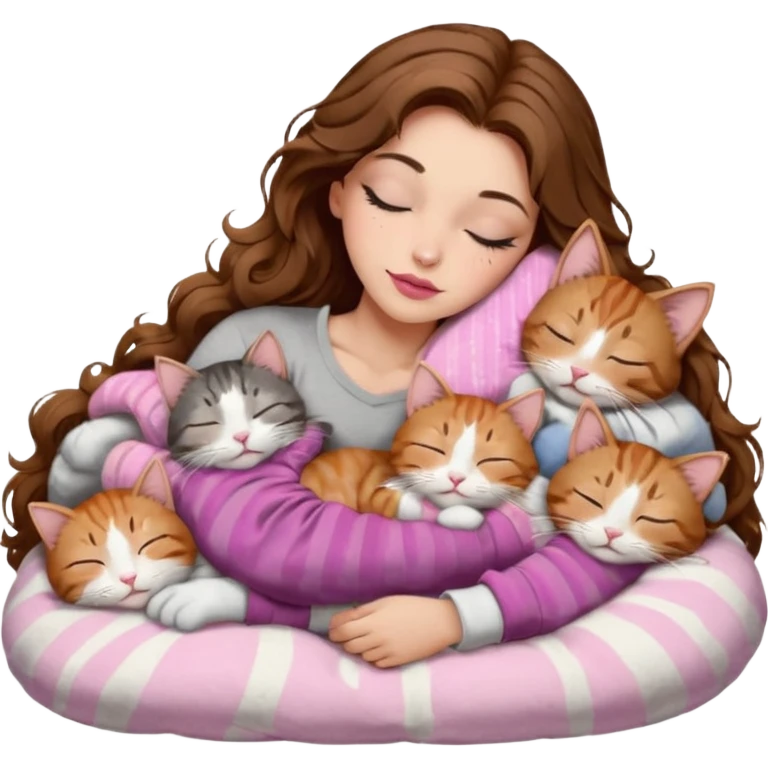 girl with long wavy brown hair, brown eyes, long lashes makeup, sexy pink lips, light to medium complexion,  sleeping on a cozy pillow, with 6 cats: 1 brown and white tabby cat, 1 ginger and white, 2 grey and white, 1 grey with white mittens and small white patch on chest and 1 calico, sleeping emoji