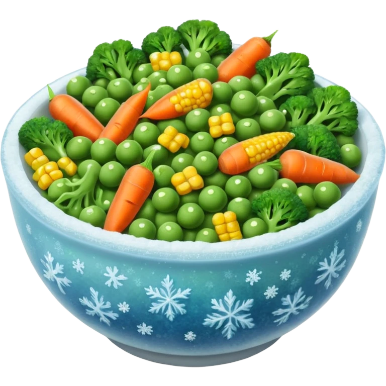 A close-up of a bowl filled with frozen mixed vegetables — peas, carrots, corn, and broccoli — covered with a light layer of frost. The colors are bright but slightly muted from freezing. Natural lighting, high-detail macro food photo. emoji