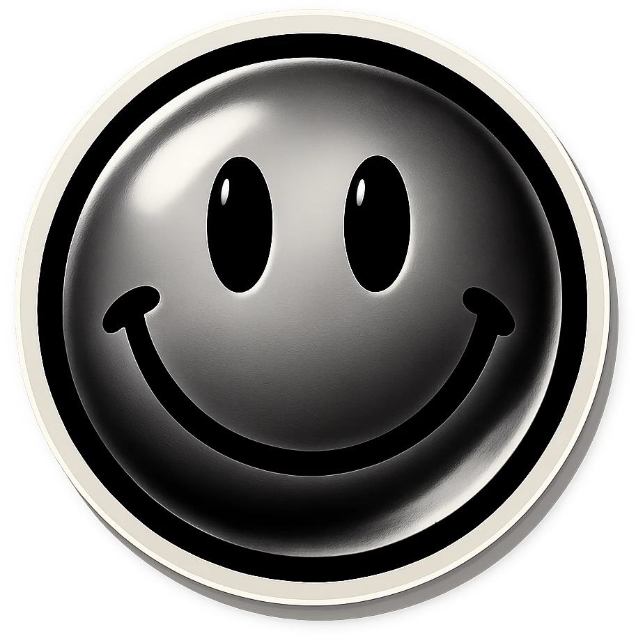 black and white smiley face, retro sticker style, bold outlines, no color emoji