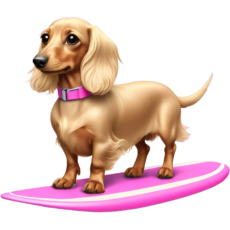 Long haired miniature dachshund cream colour with pink collar  on surfboard emoji