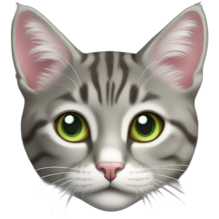 Tabby gray cat with white mouth and white fur above nose and pink nose and light green eyes emoji