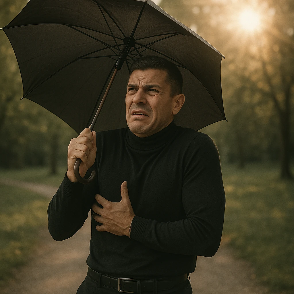 Create a symbolic 4k realistic scene in a park, showing a man with an umbrella and worried expression blocking the sunlight. The man looks uncomfortable and fearful. The sunlight is natural and warm, but the man is tense and defensive. Use muted colors and expressive body language, symbolizing confusion about sunlight and health. Use the reference image for facial features and general appearance. emoji