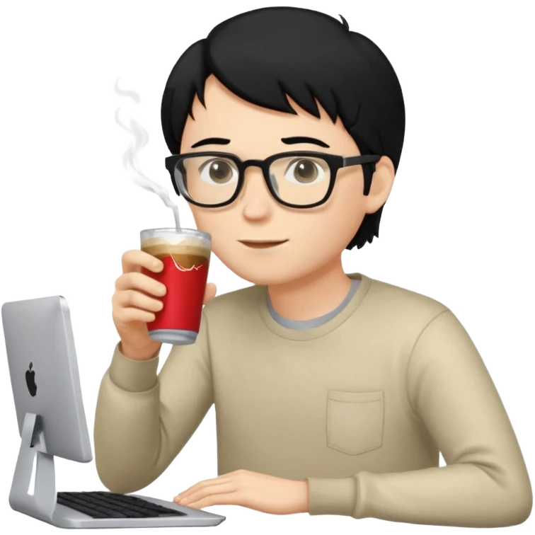 Hombre blanco con gafas, pelo negro tomando un refresco frente a un ordenador con ropa de sport, se ve en la pantalla del ordenador una mujer rubia tomando café emoji