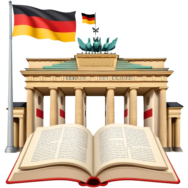 An icon featuring the Brandenburg Gate and the big flag of Germany, symbolizing the German language. The design includes an open book with German text representing language learning and German culture. Transparent background highlights the essence of German heritage. emoji