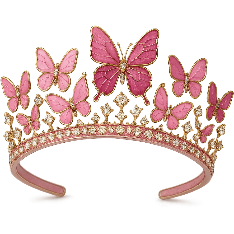 butterfly crown with a pink base, butterflies in different pink tones with enamel finish, sparkling gems, transparent background emoji
