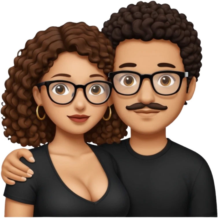 A mixed girl with glasses, the girl is wearing a black shirt, the girl has brown curly hair  and the girl has big boobs. A Mexican man is embracing her, with black bald hair and a short boxed mustache  emoji