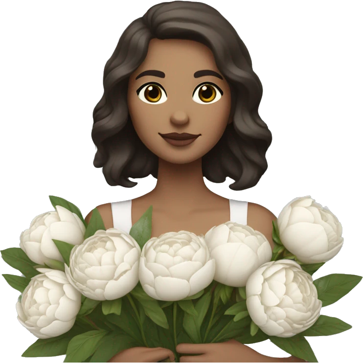 a white girl with shoulder length dark brown hair, brown eyes, small rosy lips holding a bouquet of white peonies emoji