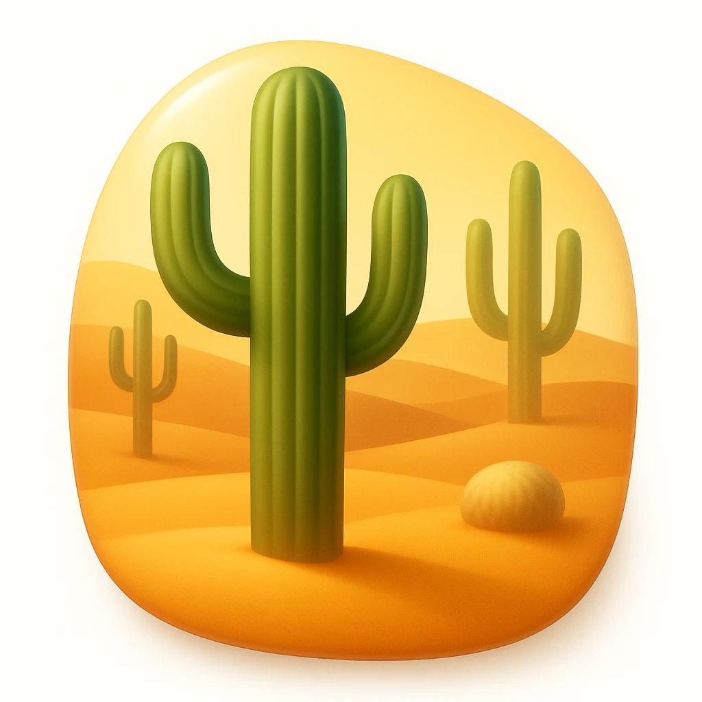 Create a desert emoji inspired by the reference image in iOS emoji style. Keep the same cacti, sand, and colors with a smooth and shiny appearance. The shape should have rounded or freeform edges, not confined to a square. Add a subtle highlight to the emoji. emoji