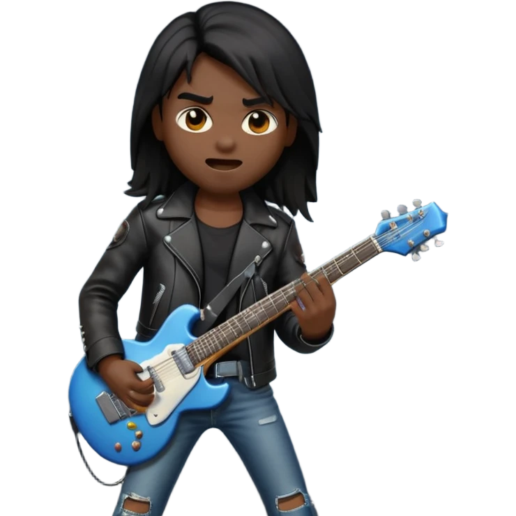 3D Apple-style emoji of a metal musician. Long hair, black leather jacket, ripped jeans, holding an electric guitar. Intense expression, glossy, rounded, smooth, soft shadows, white background.










 emoji
