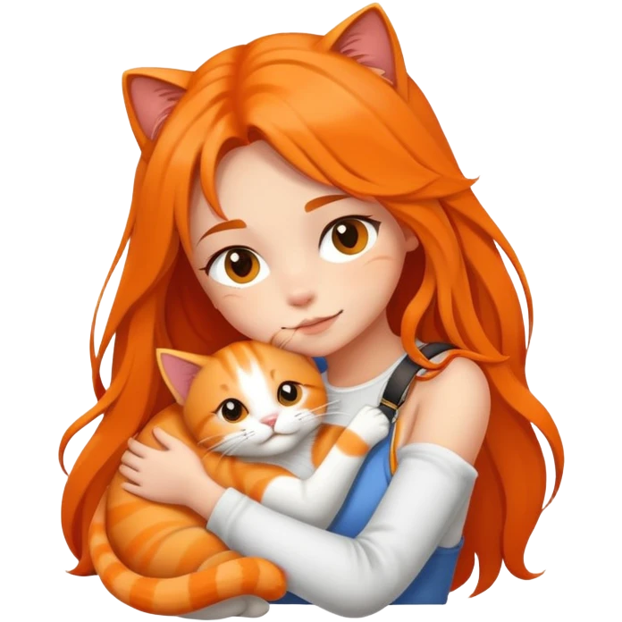 Fair skin girl with long hair - white sling - hugging a orange cat emoji