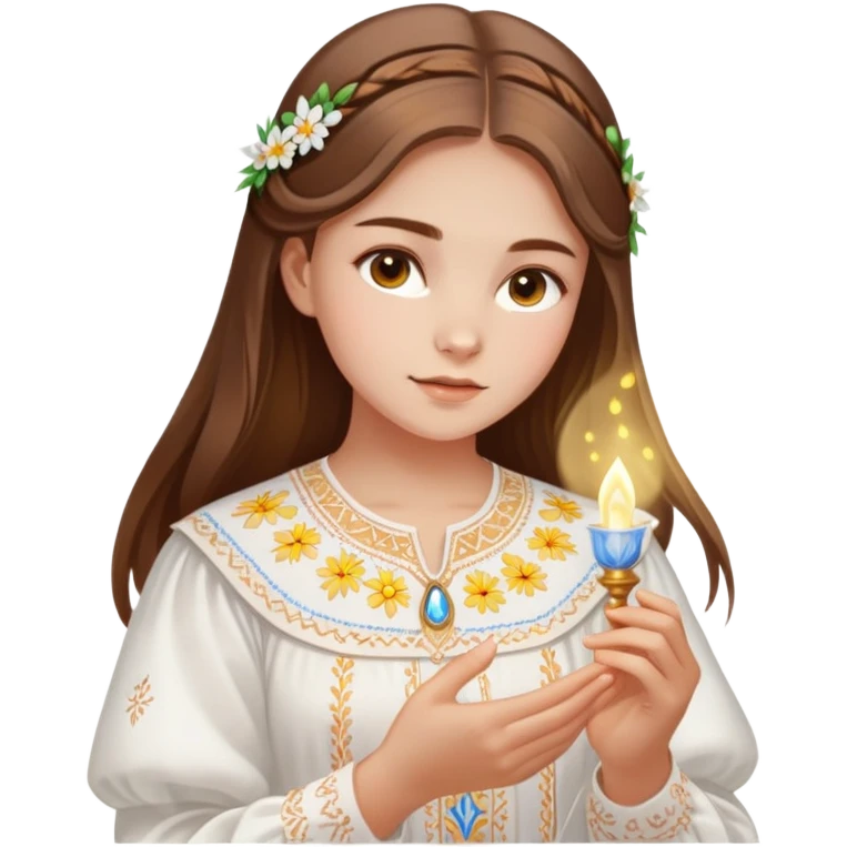 Ukrainian young girl with brown hair wearing a traditional white embroidered vyshyvanka shirt, holding a glowing ethereal light representing her soul emoji