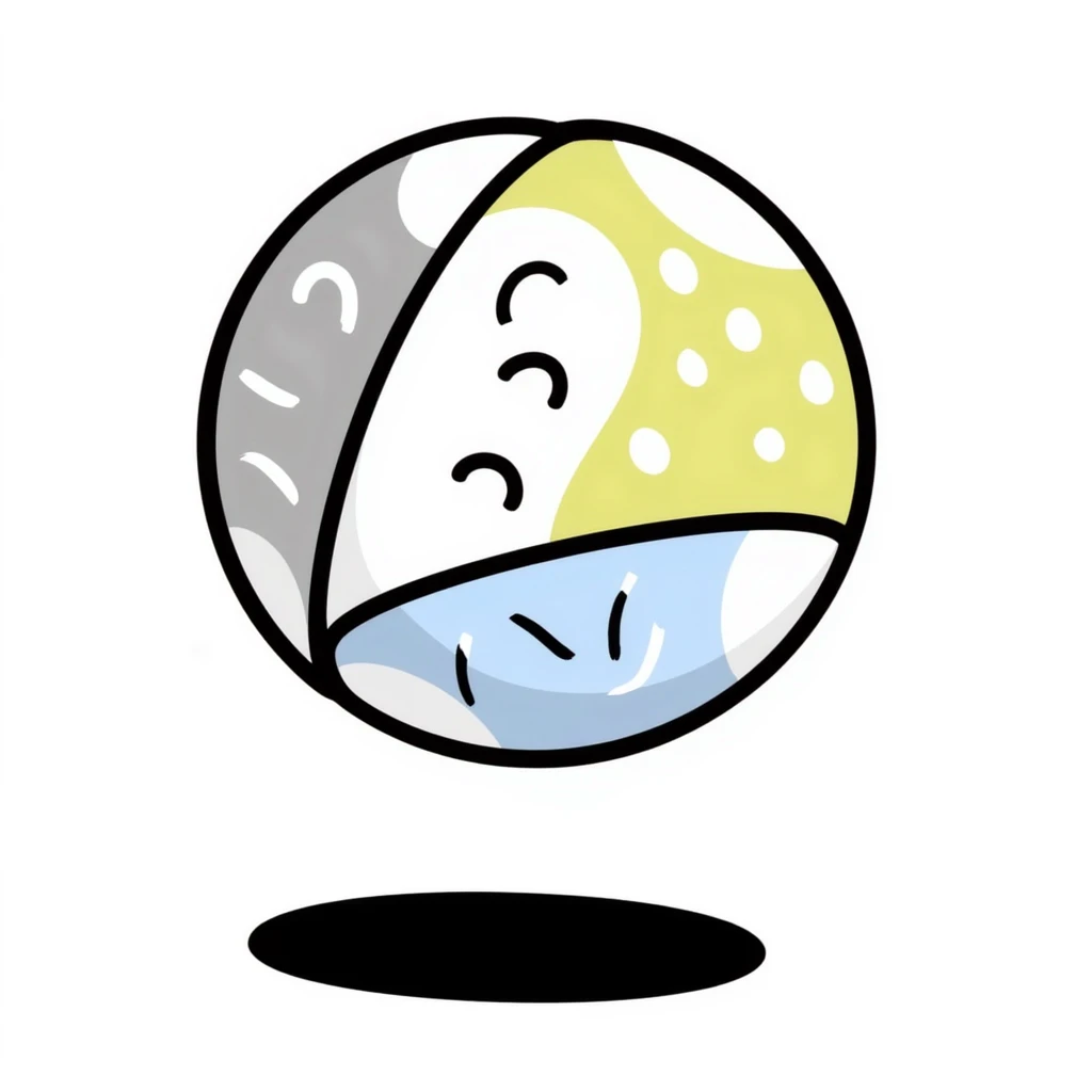 A colorful children's toy ball with patterns in pastel colors (dd9fb0, ffc6d3, a3bfc9, c4bee2, f1b091), hand-drawn doodle style emoji