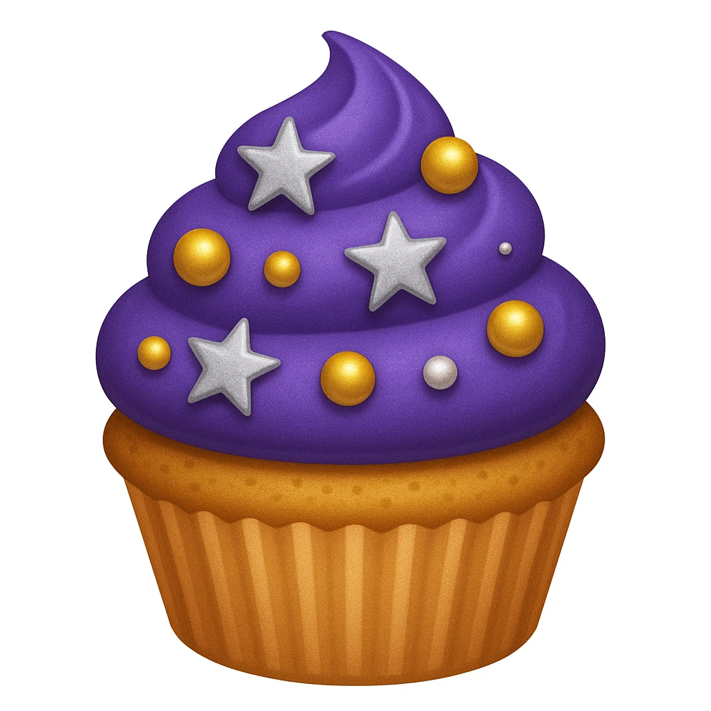 Add silver stars and a tiny edible pearl to the cupcake with purple frosting and gold pearls in emoji style. emoji