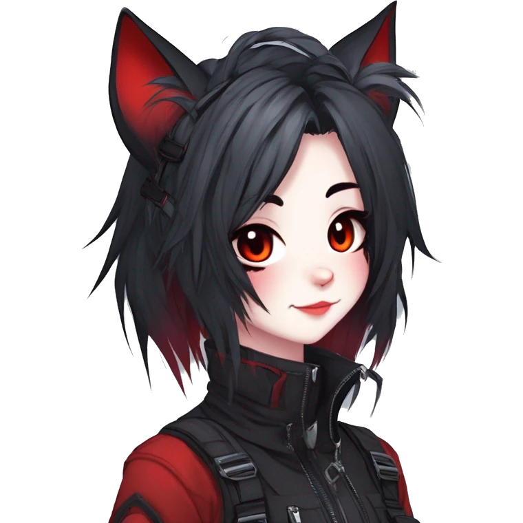 Gorgeous gothic dark techwear anime style anthro cat furry sona with blushing face aesthetic and pretty edgy black red punk messy ponytail hair with collar and harness trending style emoji