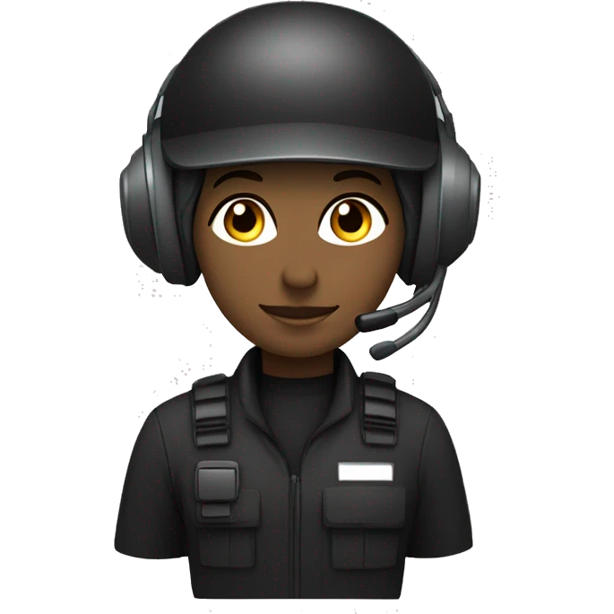 operator dressed in black with a milatary helmet, without glasses, wearing a headset, ready to respond to alerts, preferably female white emoji
