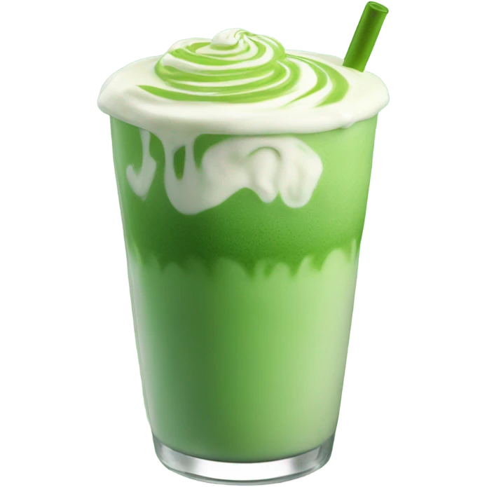 Beautiful vibrant green iced matcha latte with the green matcha on top and the milk at the bottom, the matcha swirls down  emoji