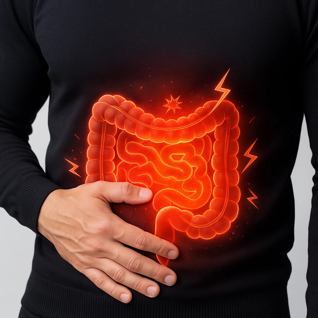 Realistic style close-up on the man's abdomen, intestine highlighted with visual effects of inflammation and pain such as redness, glow, and symbols. Light background. emoji