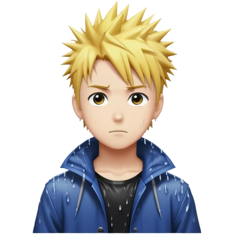 Anime-style boy with spiky hair standing alone in the rain, anime aesthetic emoji