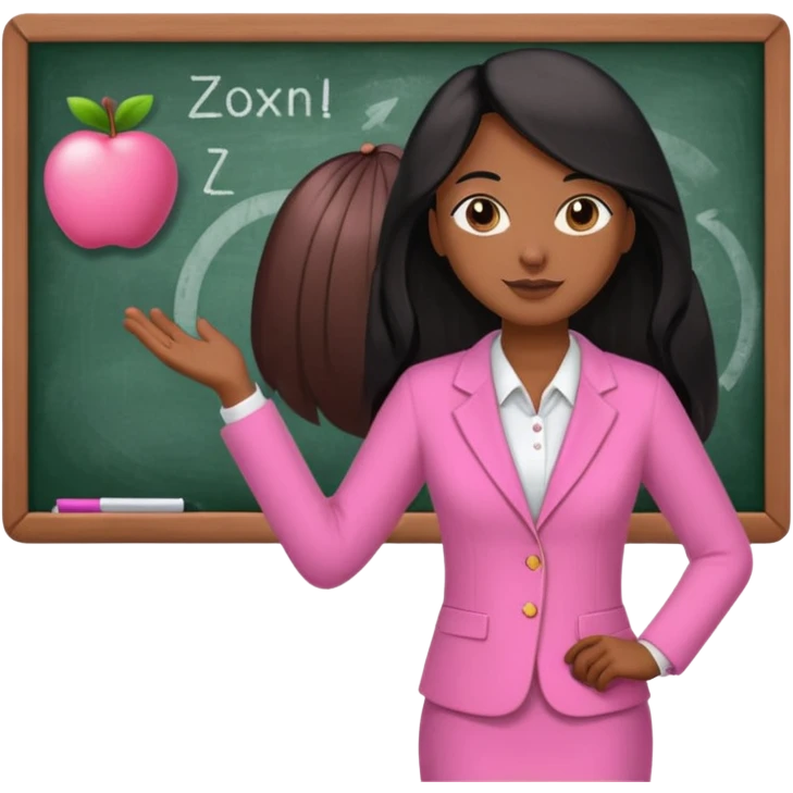 a brown skin teacher with hair with black straight long hair wearing pink not hot pink 2 piece set teaching up on a board emoji