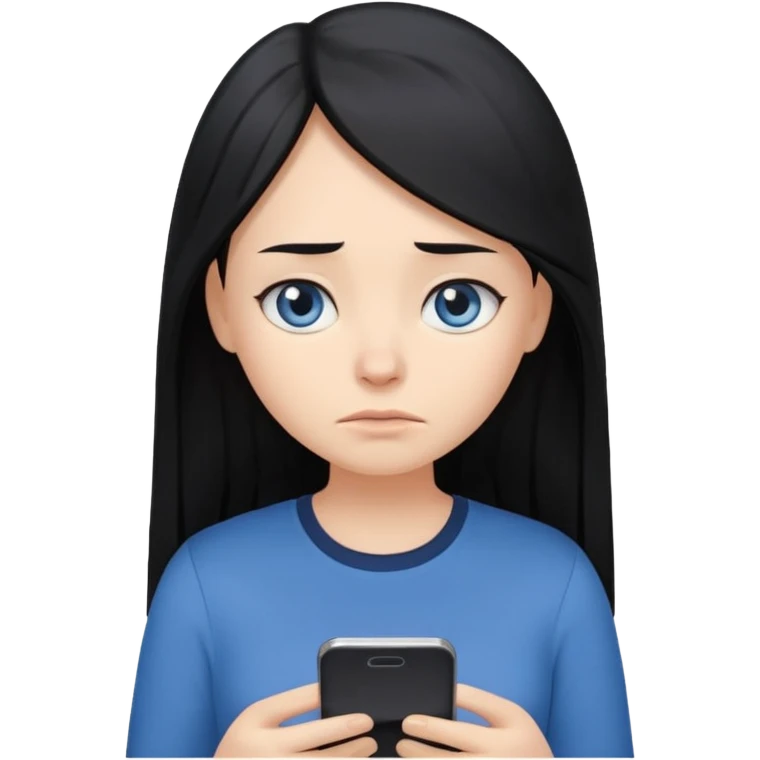 Cartoon emoji of a girl with long, straight black hair, fair skin, gentle blue eyes. Wearing a navy top, looking miserable and stressed, scrolling on her phone or watching TikTok. Smooth, simple, stylized. emoji