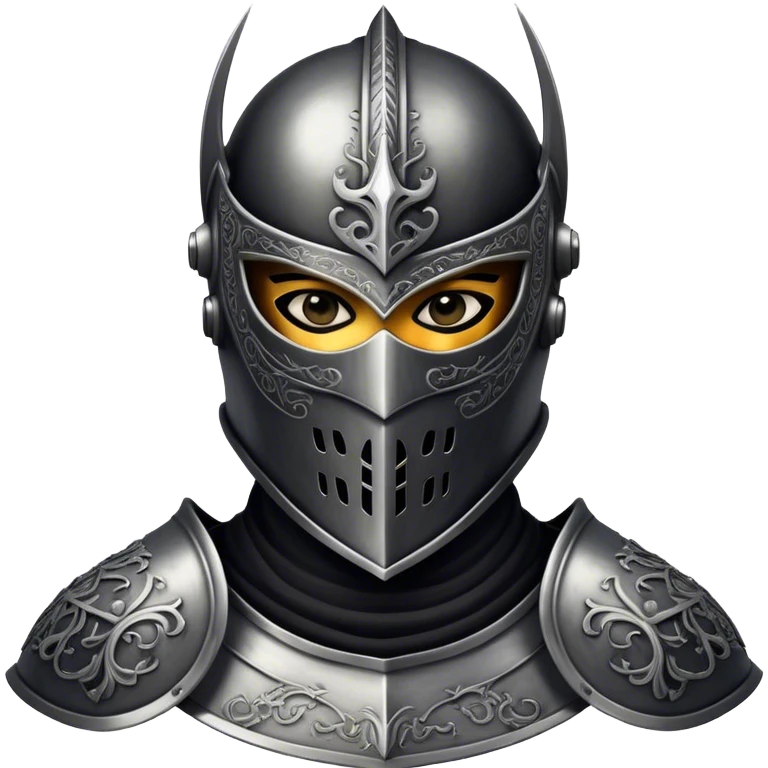 A masked man knight with intricate black engravings on his steel helmet, eyes glowing with fury emoji
