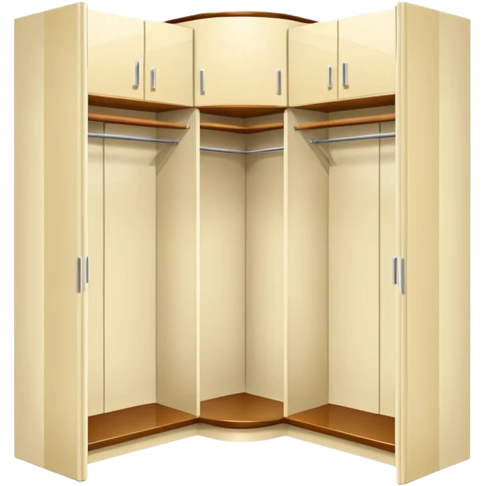 Glossy cream PVC corner closet with L-shaped design, fitted into emoji